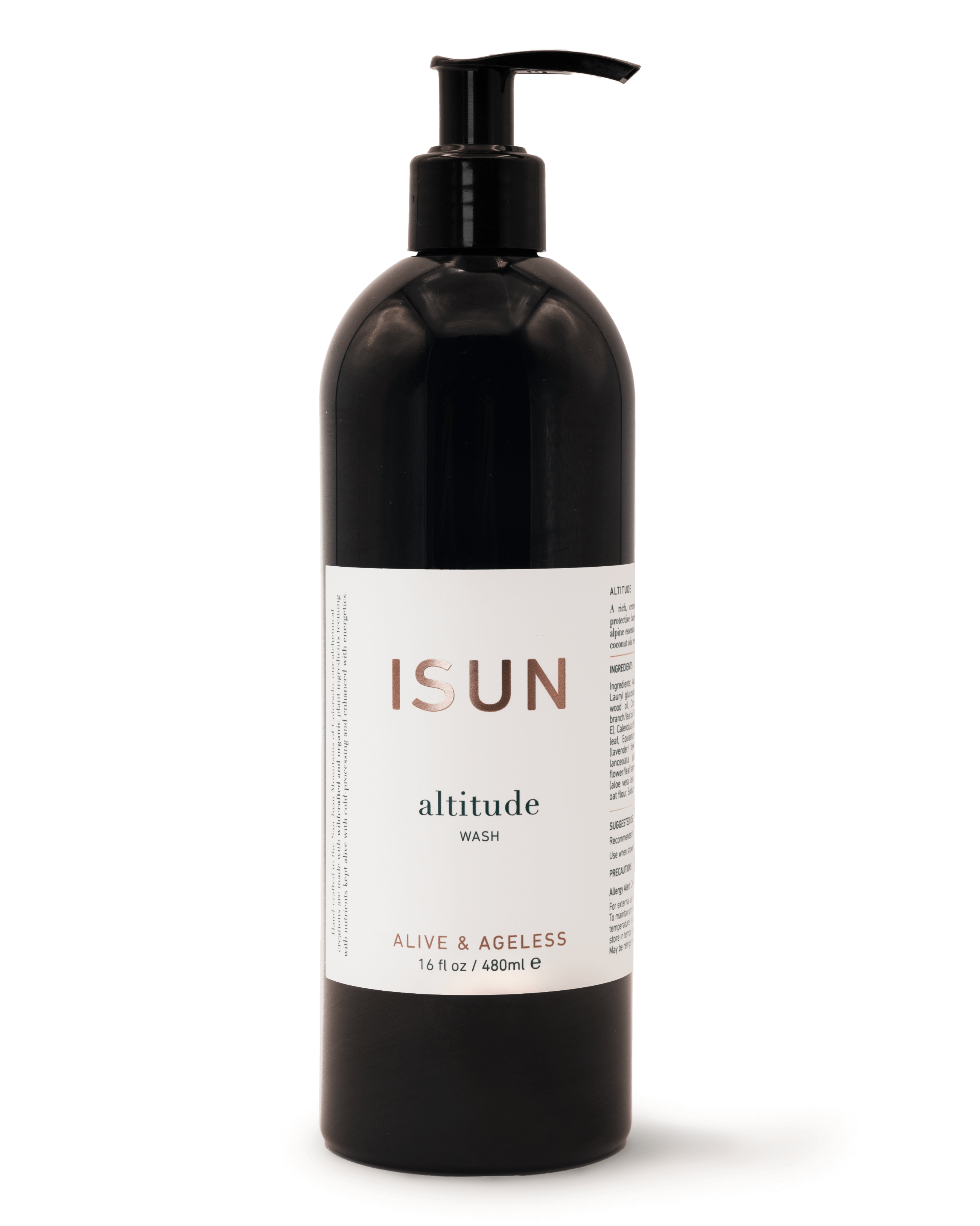 Black bottle with pump labeled 'ISUN altitude wash' on a white background