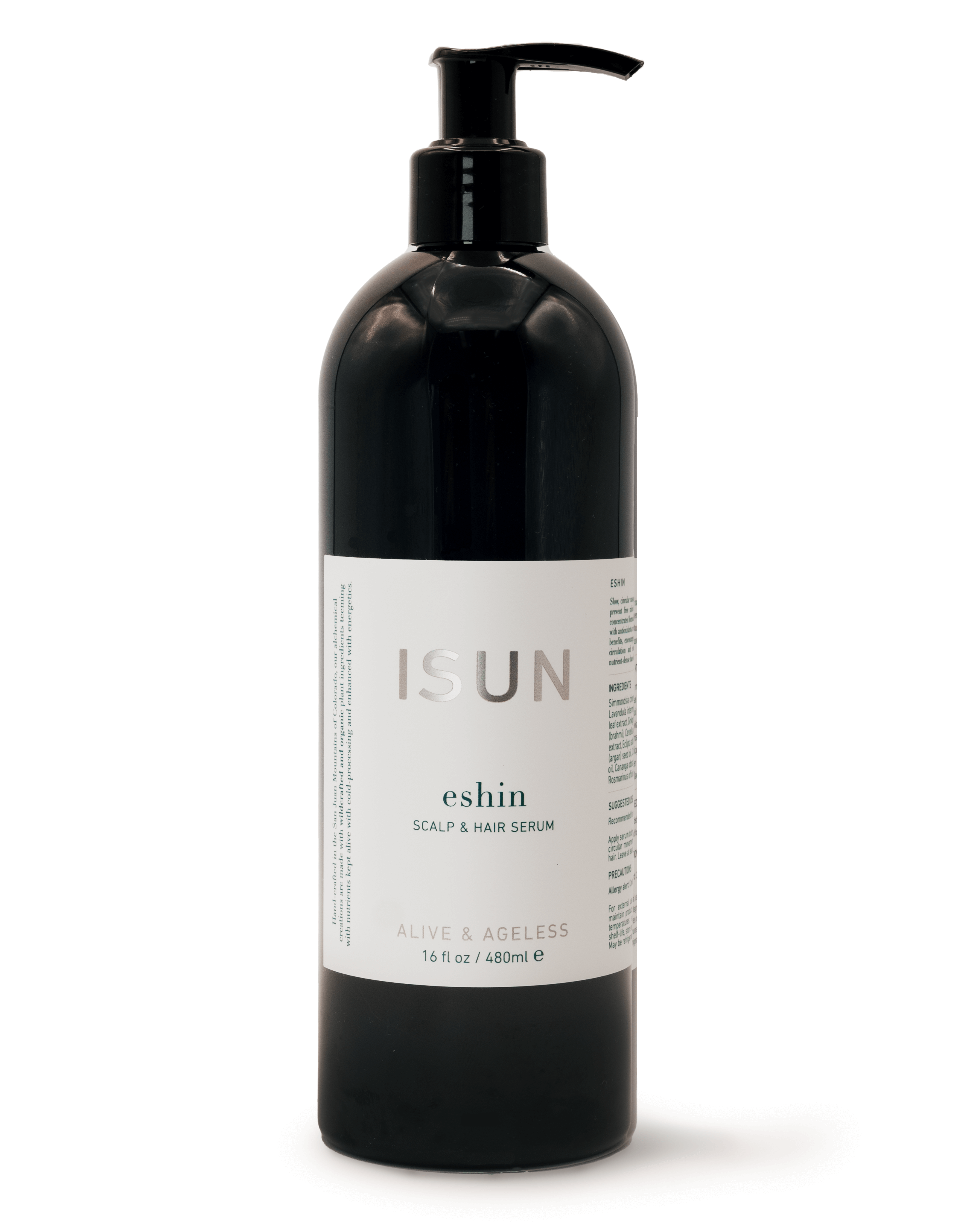 Black bottle of ISUN eshin scalp and hair serum on a white background