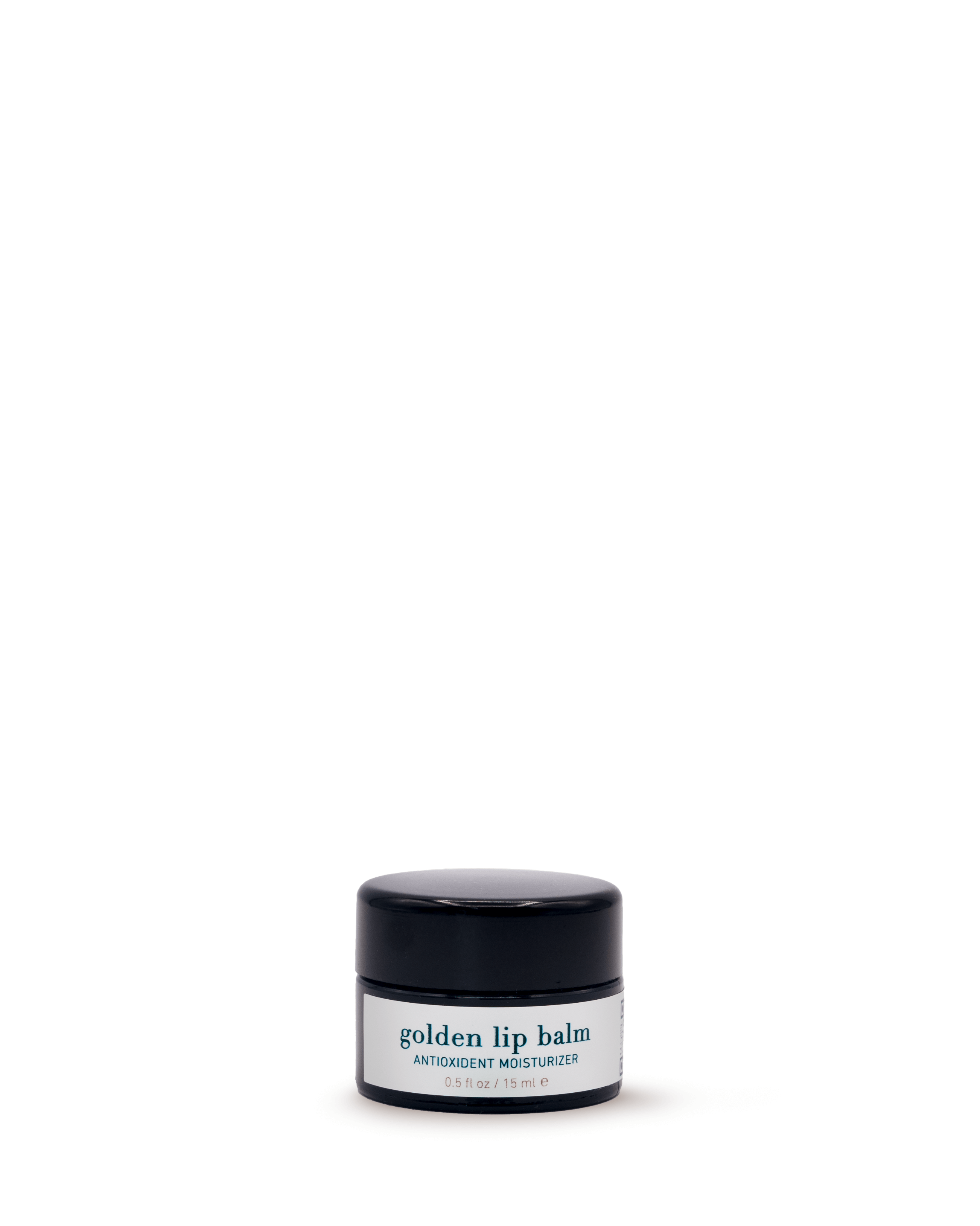 Black lip balm container with a white label on a white background