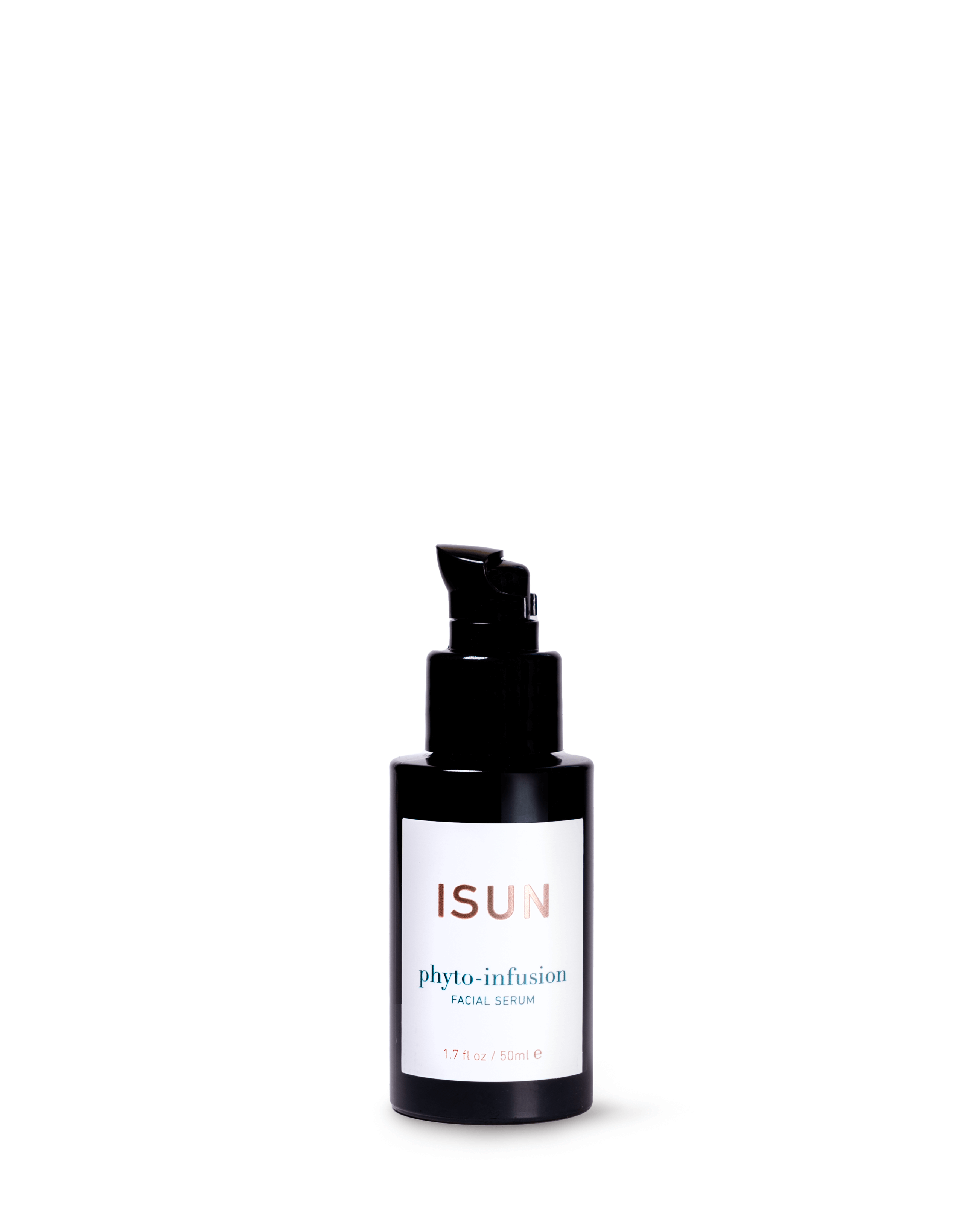 Black serum bottle labeled 'ISUN' on a white background