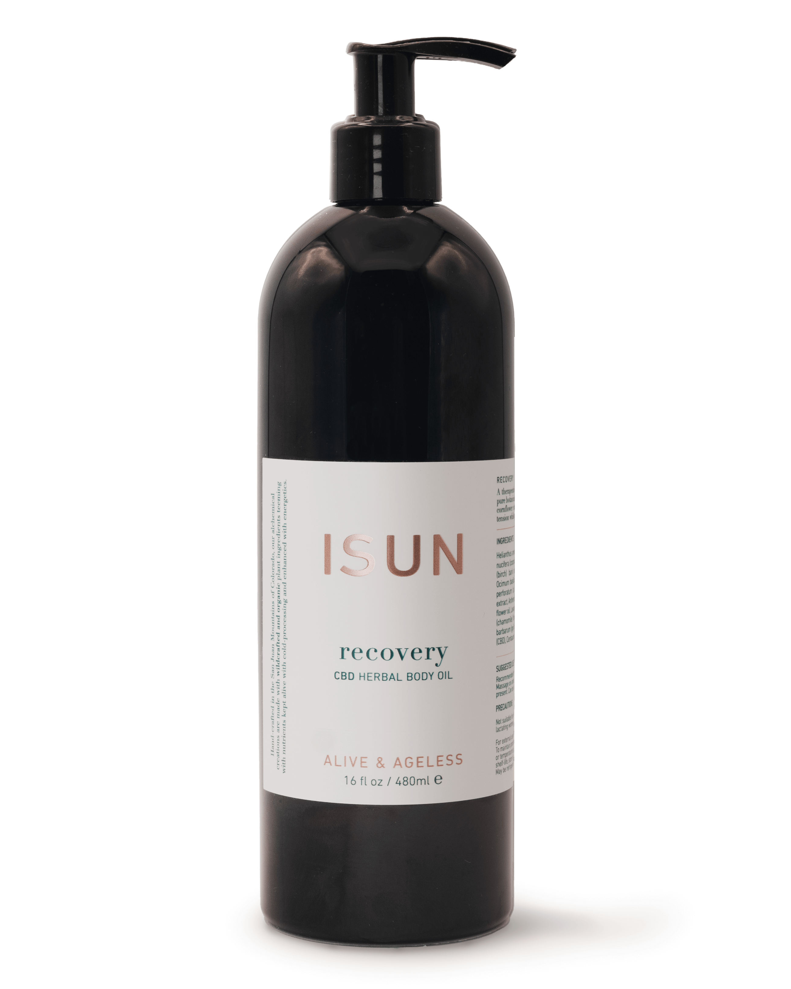 Recovery Herbal Body Oil from ISUN in black bottle.