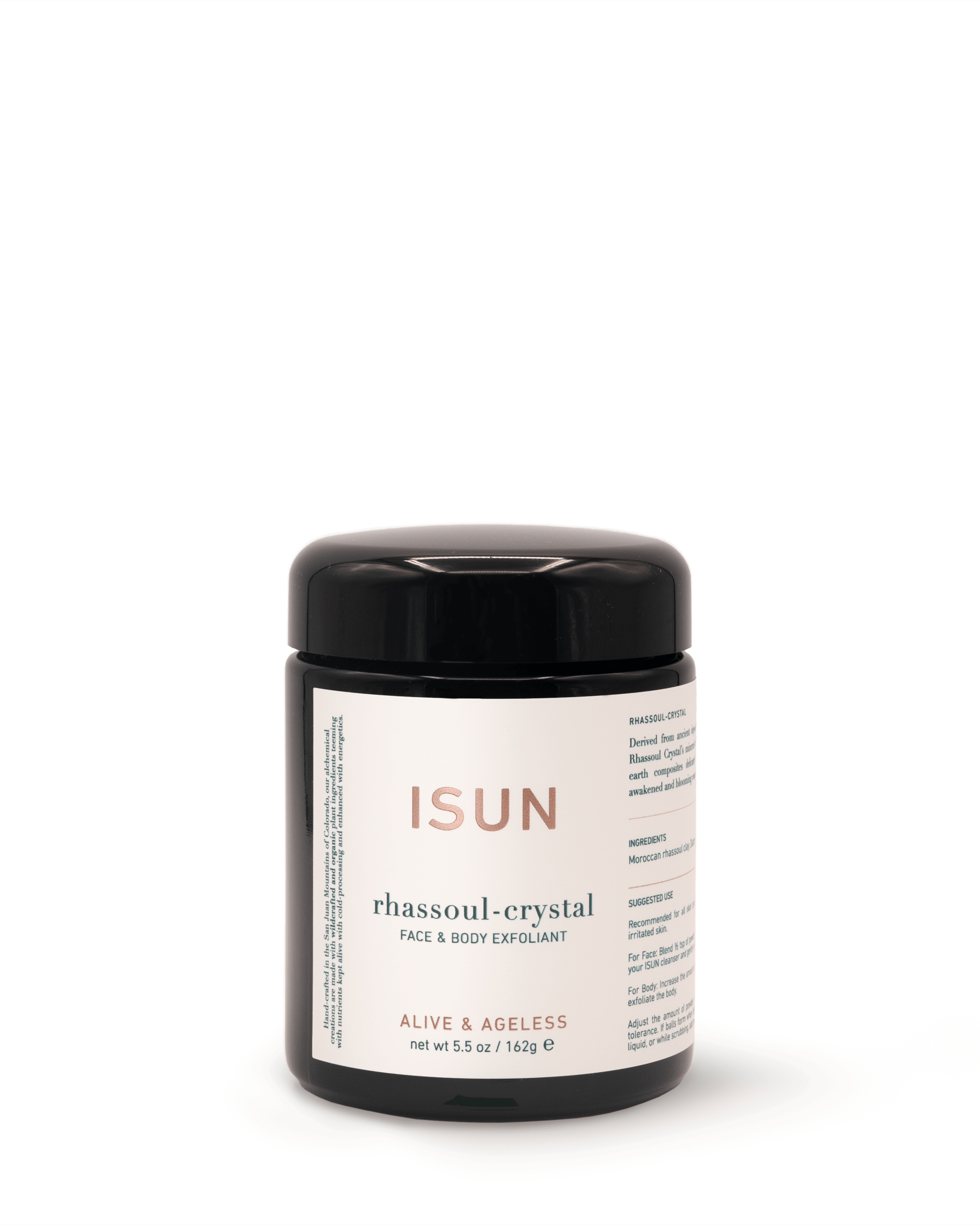ISUN rhassoul-crystal face & body exfoliant jar on a white background