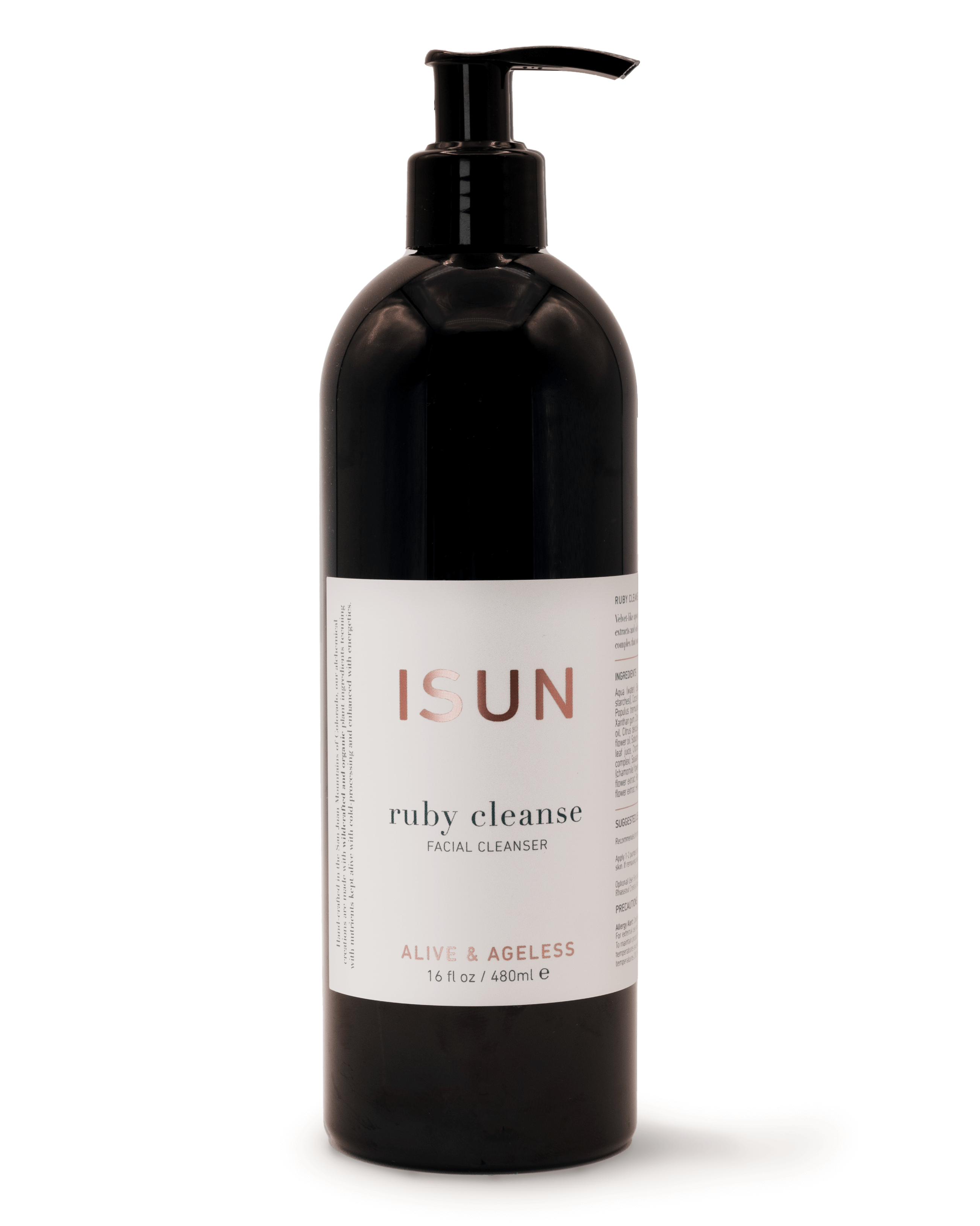 Black bottle of ISUN Ruby Cleanse facial cleanser on a white background
