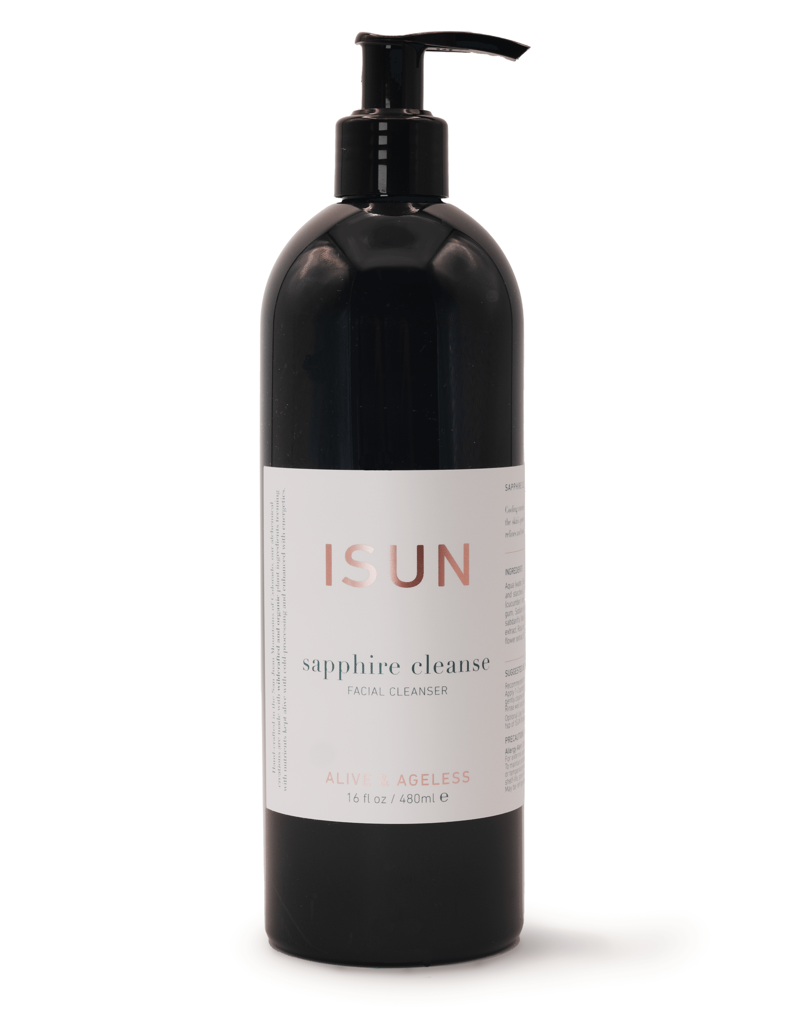 Black bottle of ISUN sapphire cleanse on a white background
