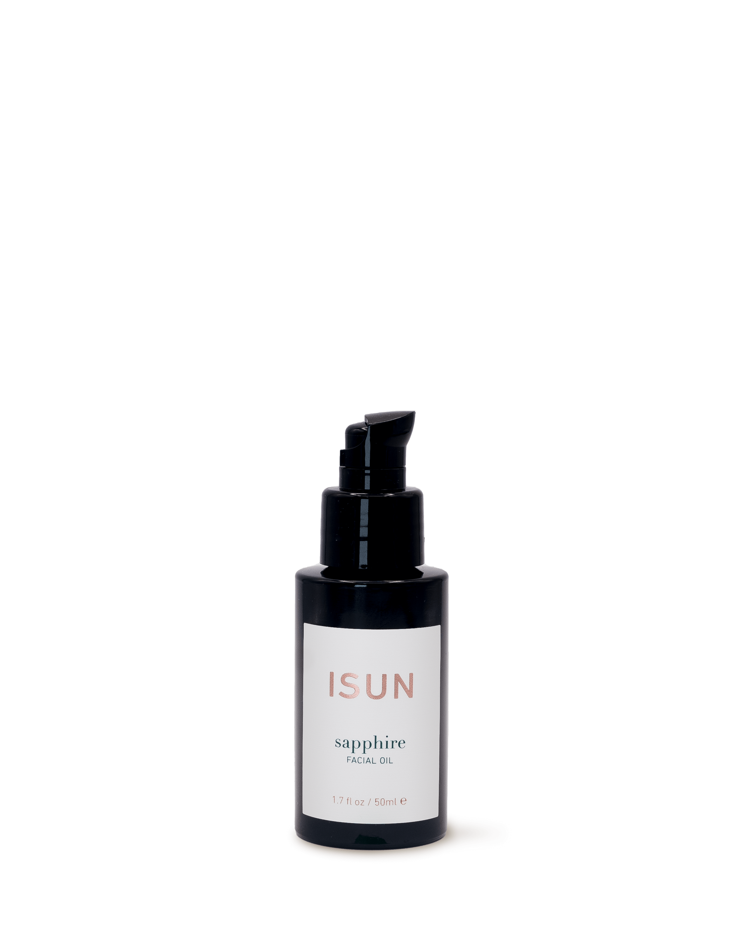 Black facial oil bottle with 'ISUN' label on a white background