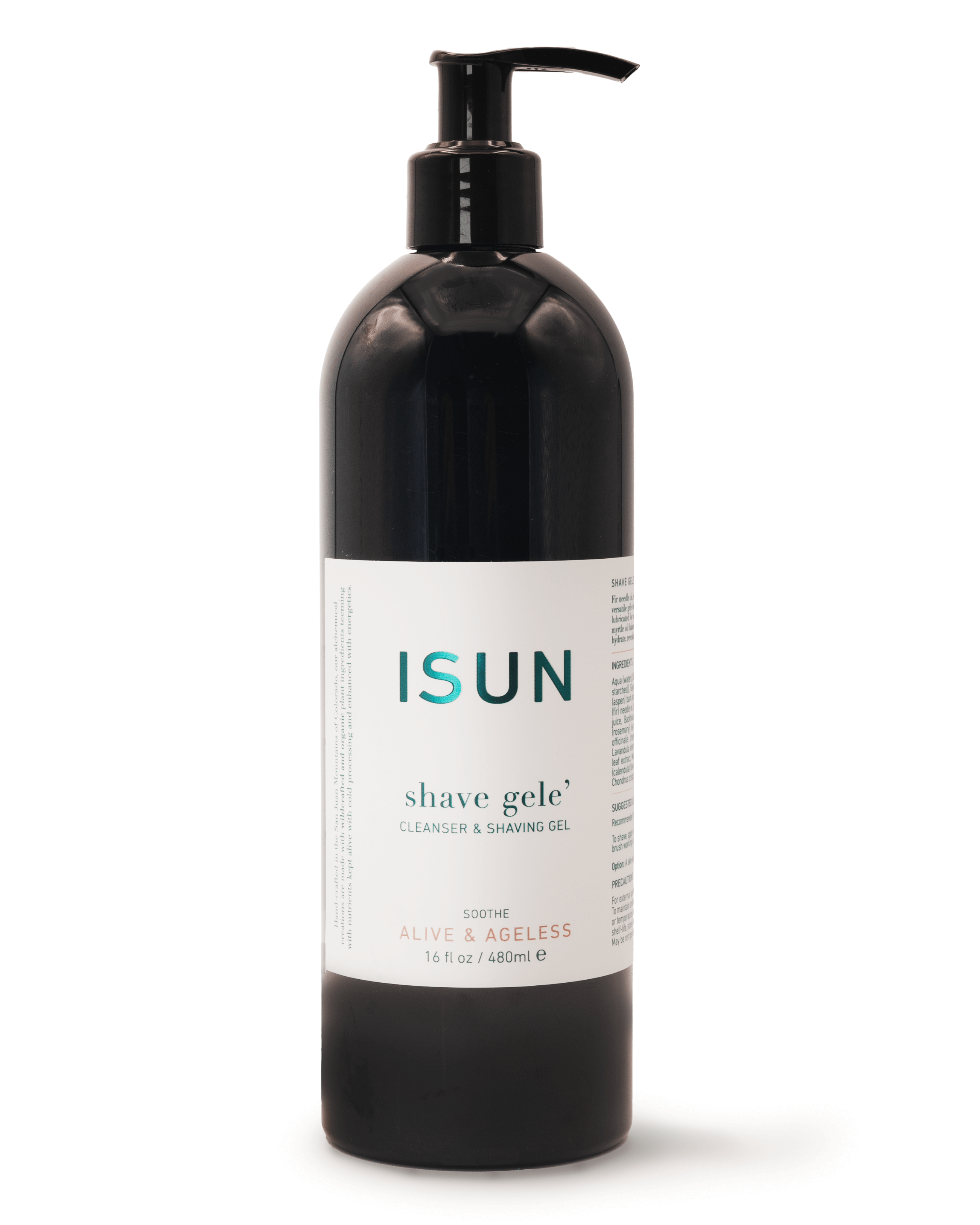 Black bottle of ISUN shave gele on a white background