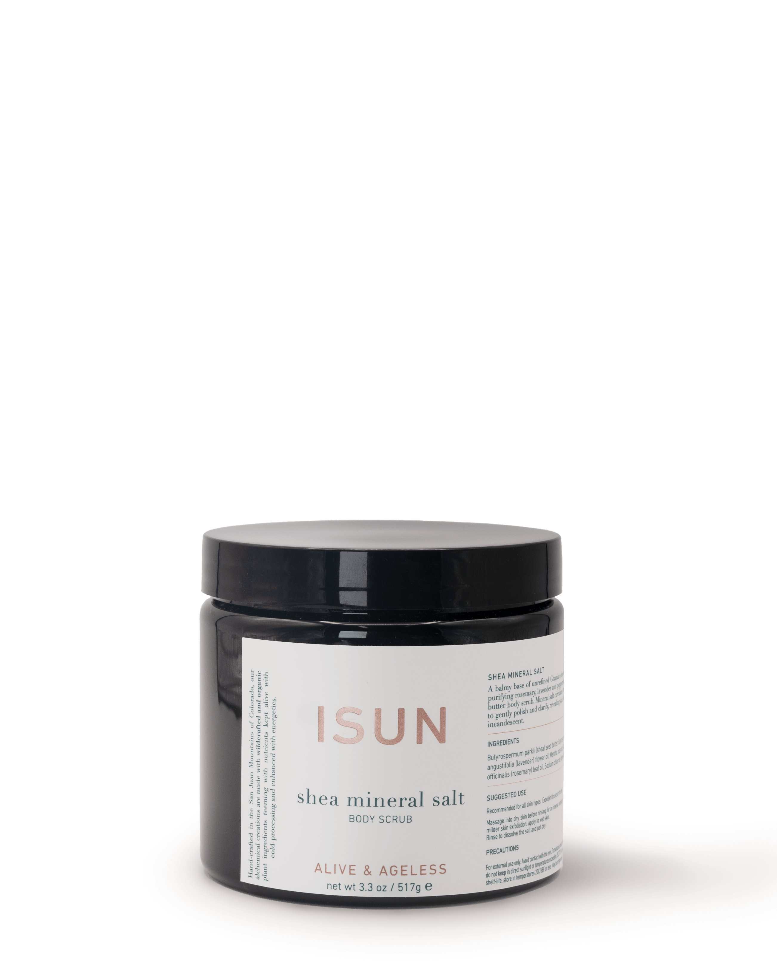 Jar of ISUN shea mineral salt body scrub on a white background