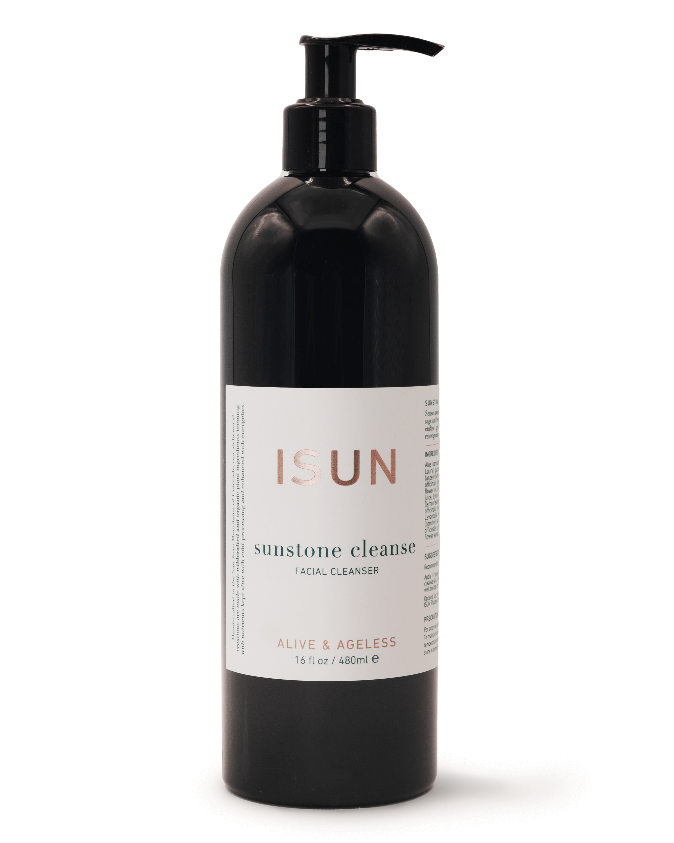 Black bottle of ISUN sunstone cleanse facial cleanser on a white background
