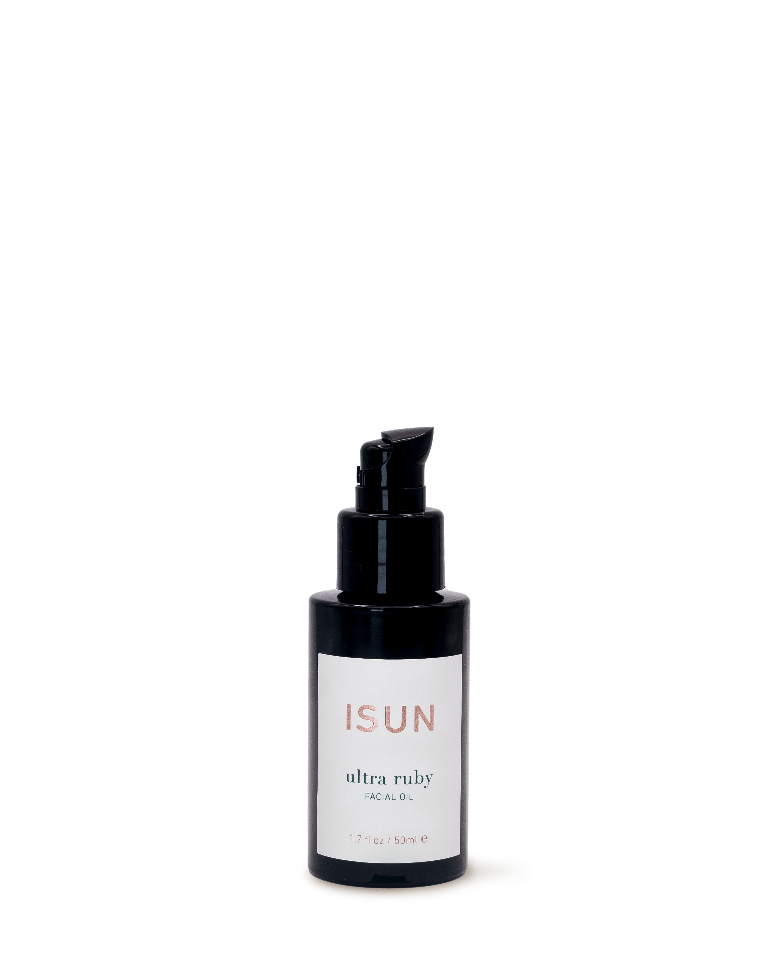 Black skincare bottle labeled 'ISUN' on a white background