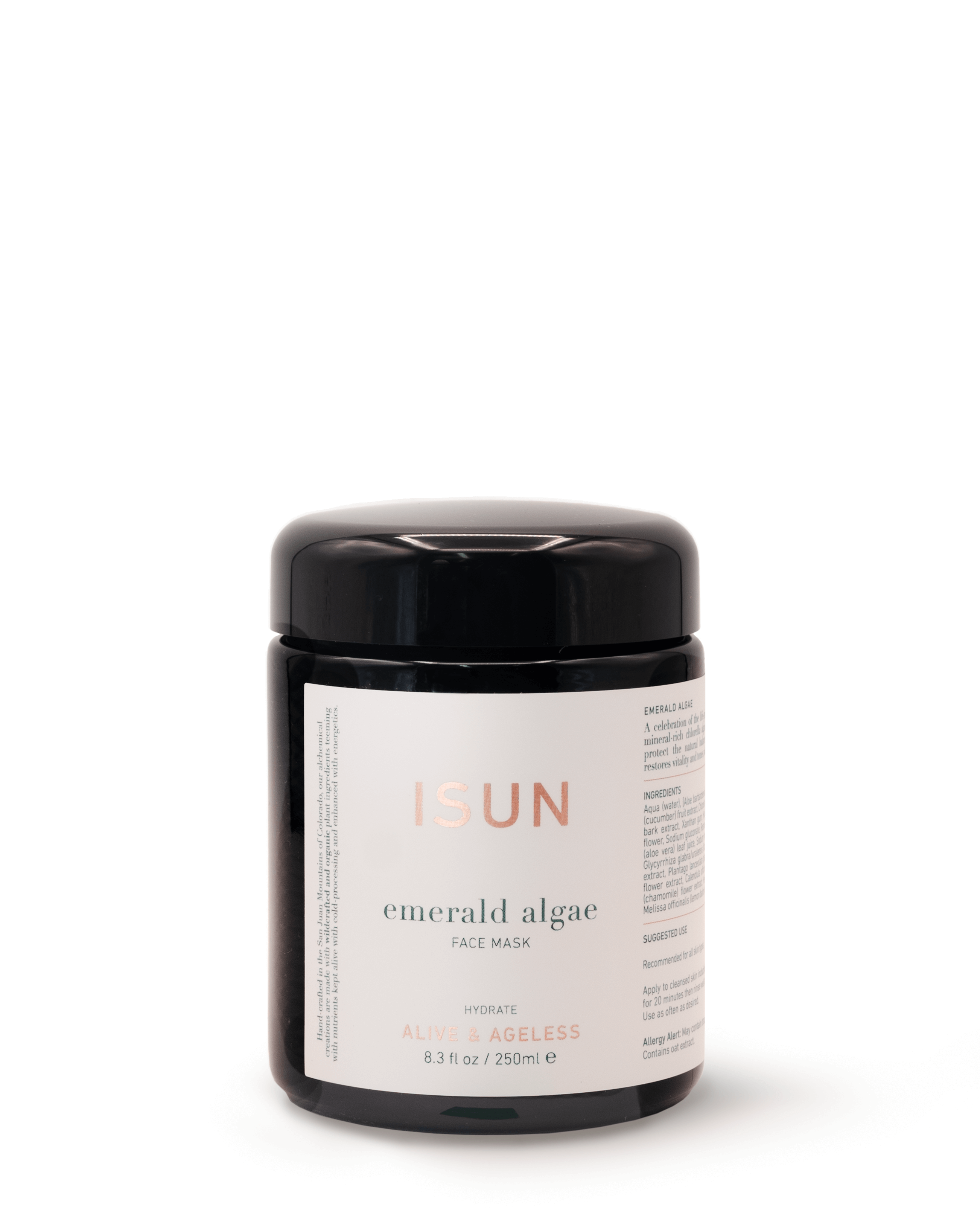 Black jar of ISUN emerald algae face mask on a white background