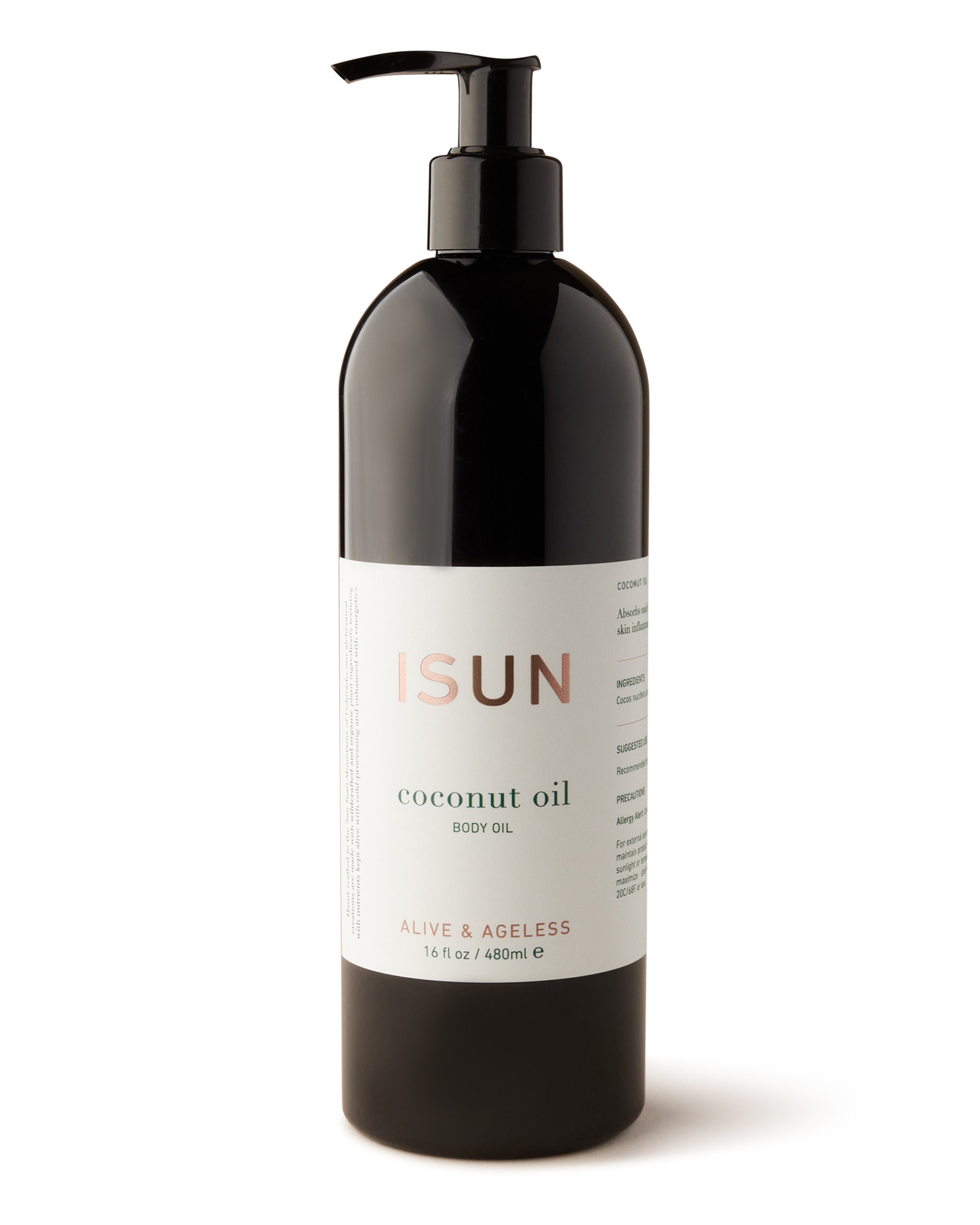 A pump bottle of ISUN Coconut Body Oil with a black label.