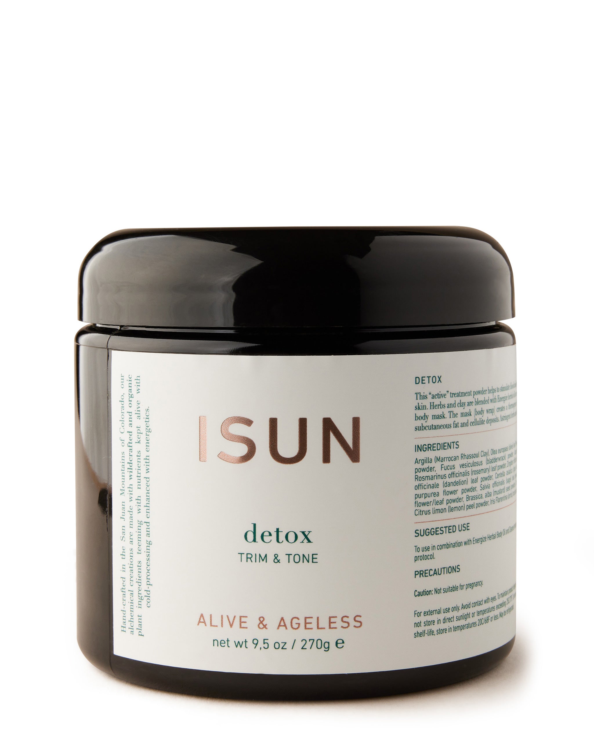 A black jar of ISUN Detox & Trim Tone Wrap powder, with a white label displaying product details.