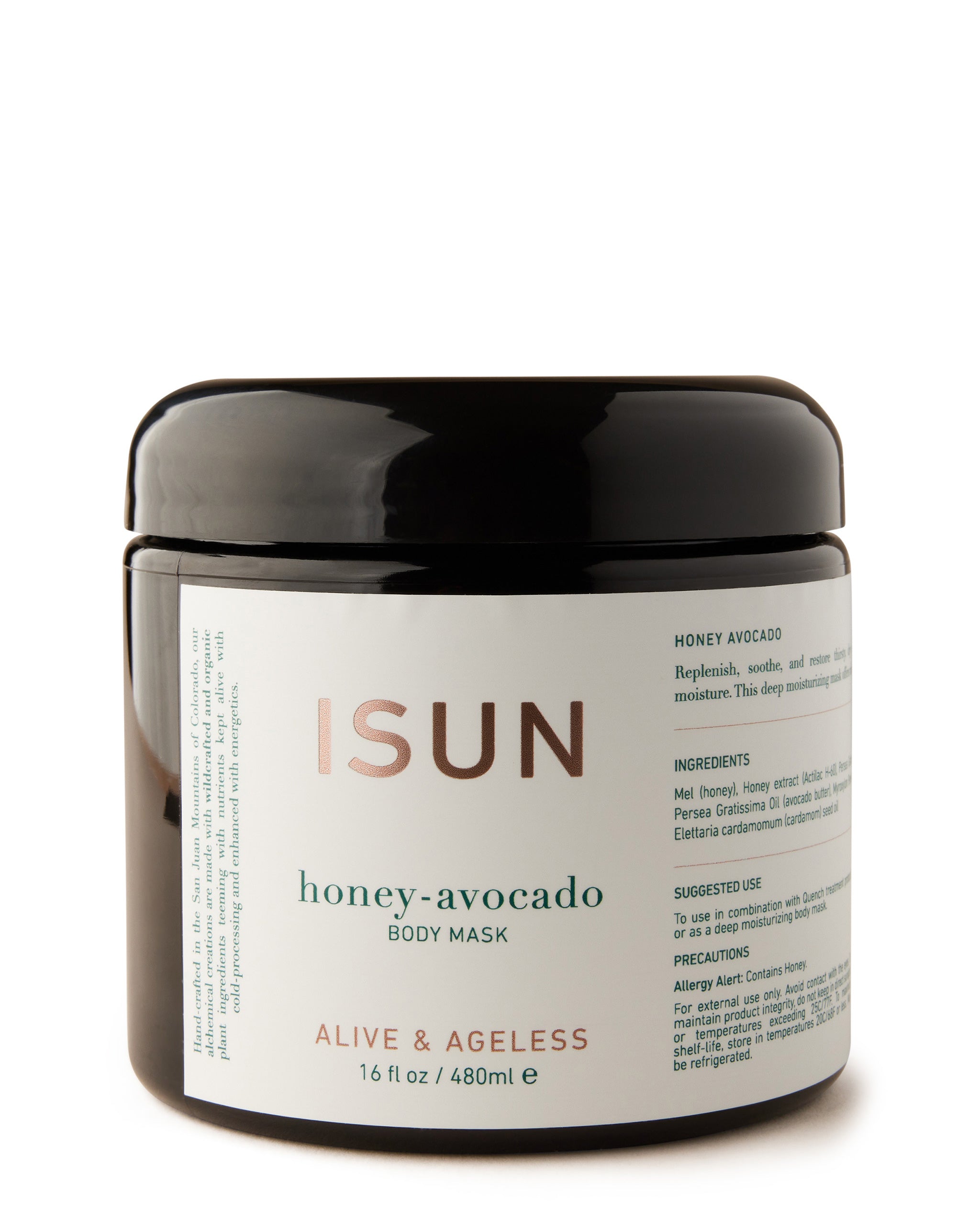 A black jar of ISUN Honey-Avocado Body Mask with a white label displaying product details.
