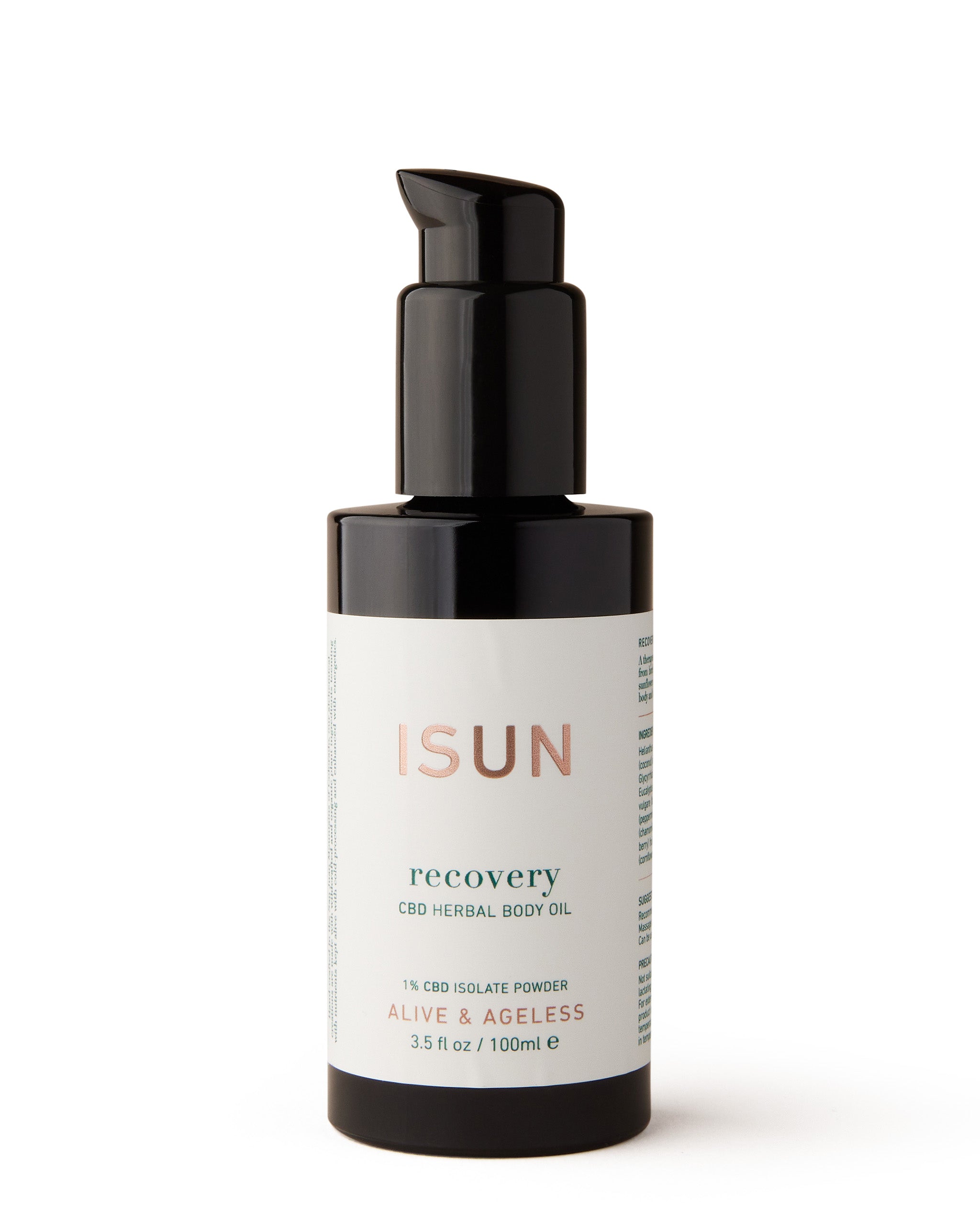 A black pump bottle labeled 'ISUN Recovery Body Oil with white and green text, indicating it is a therapeutic herbal body oil.