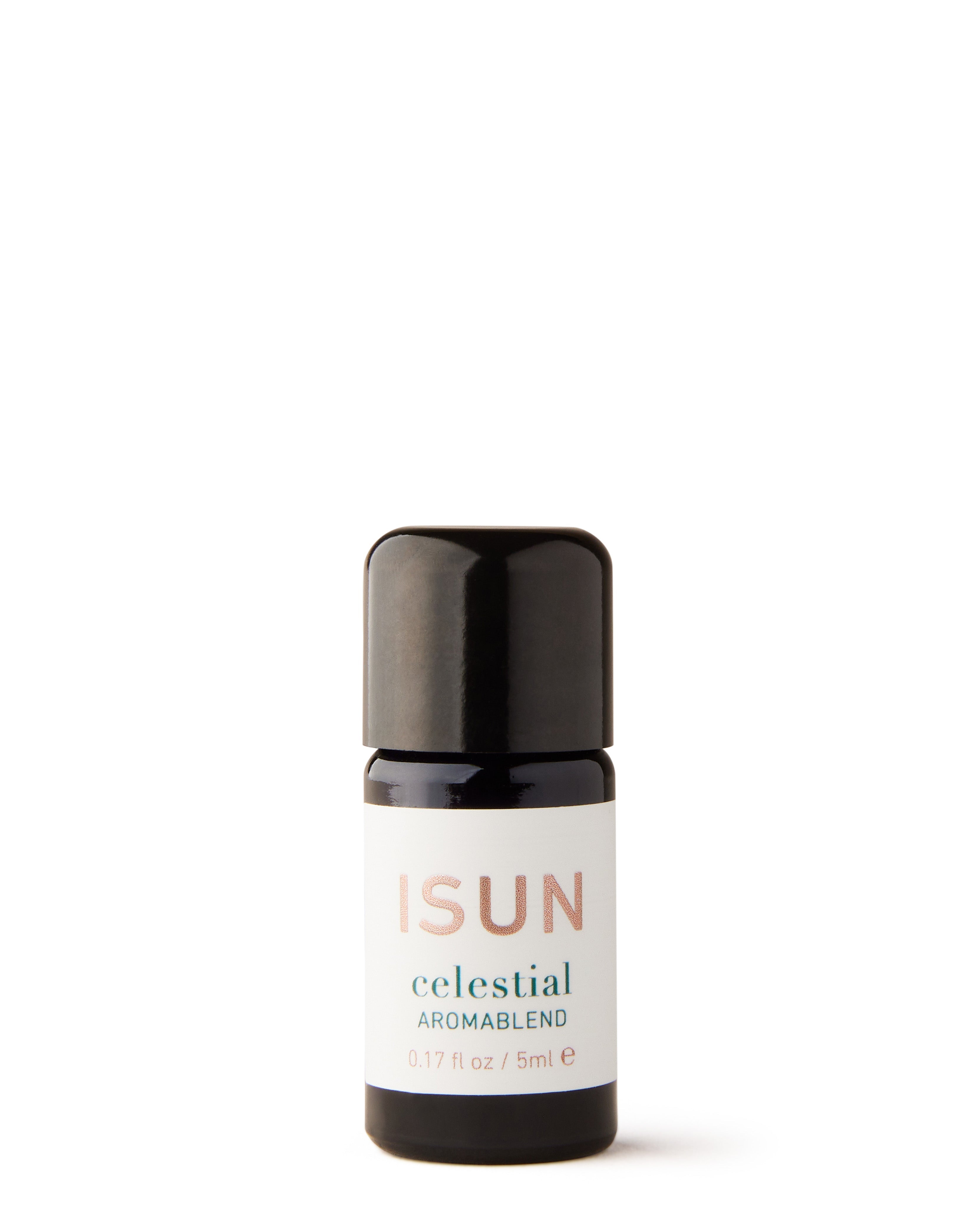 A bottle of 'Celestial' aromatic oil by ISUN with a black cap and white label.