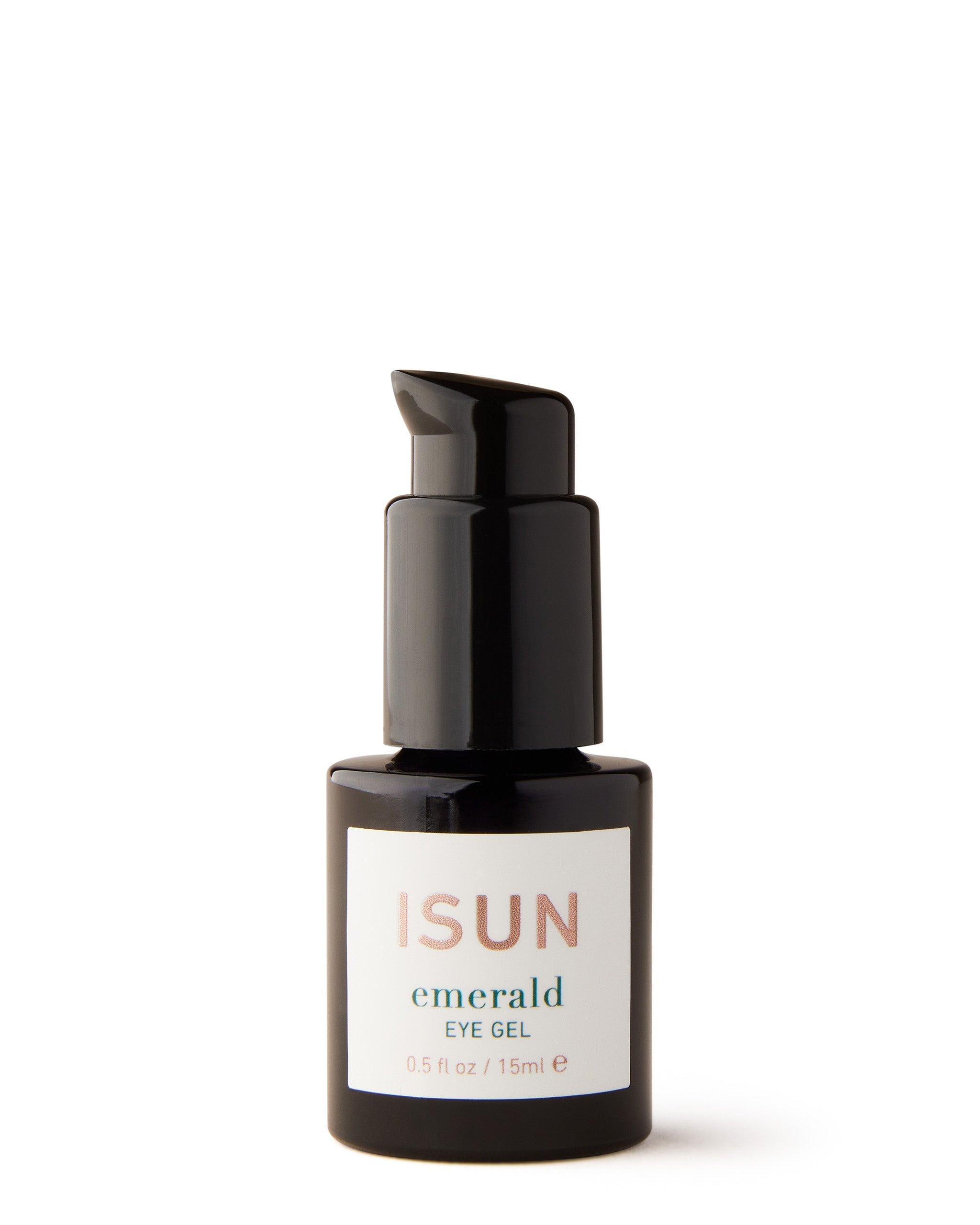A black pump bottle labeled 'ISUN Emerald Eye Gel' on a white background.
