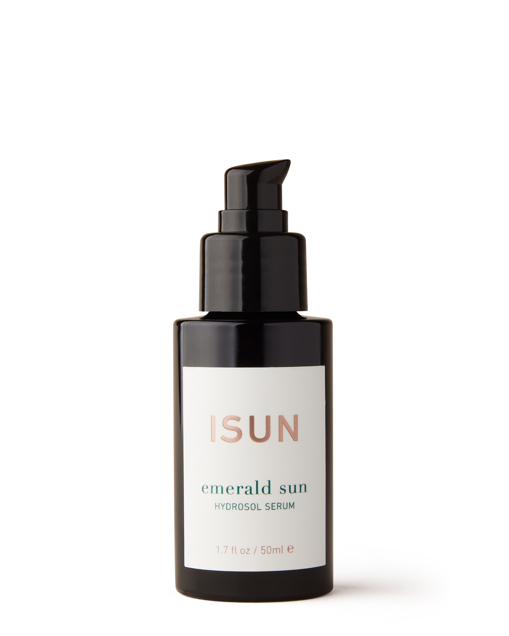 A black bottle with a pump dispenser labeled 'ISUN Emerald Sun Hydrosol Serum'.