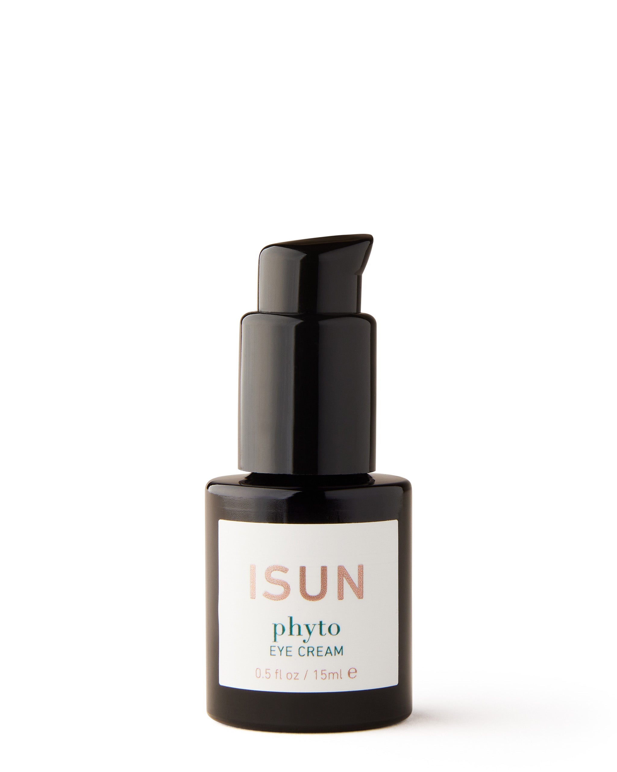 A black pump bottle labeled 'ISUN Phyto Eye Cream' with white and green text on the label.