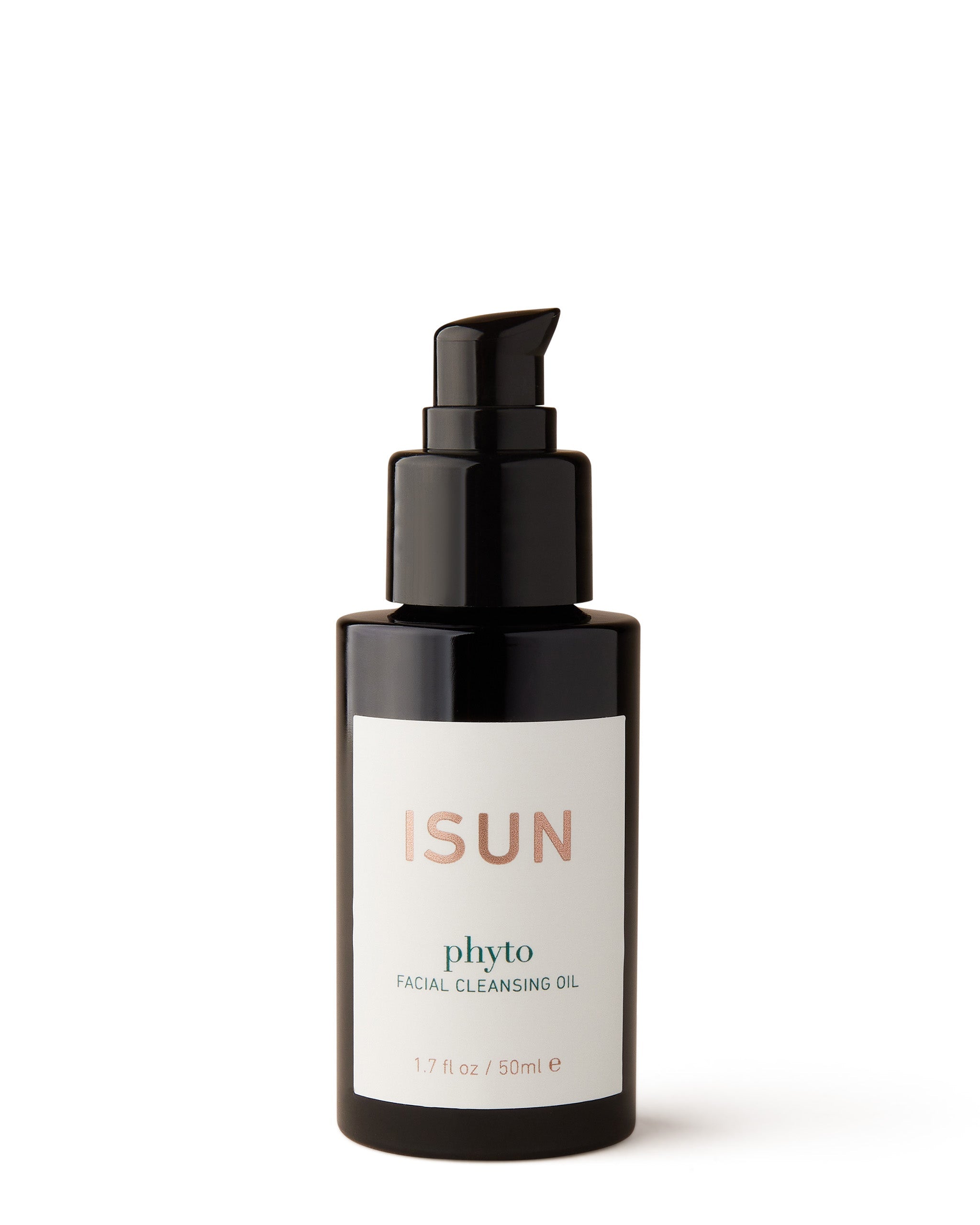 A black bottle with a pump dispenser labeled 'ISUN Phyto Facial Cleansing Oil'. The product is designed for facial cleansing.