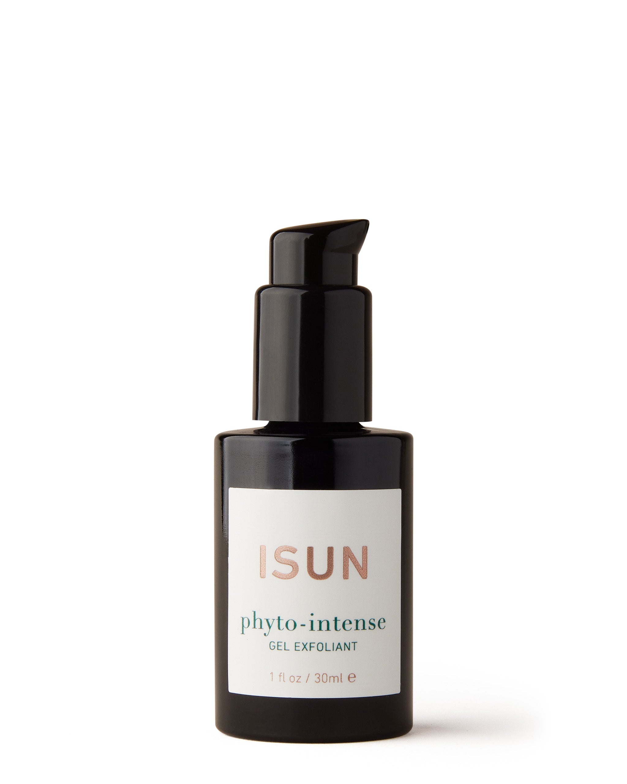 A black pump bottle with a white label displaying the product name 'Phyto-Intense Gel Exfoliant' and the brand 'ISUN'. The product contains Alpha Hydroxy Acid (AHA) and is organic.