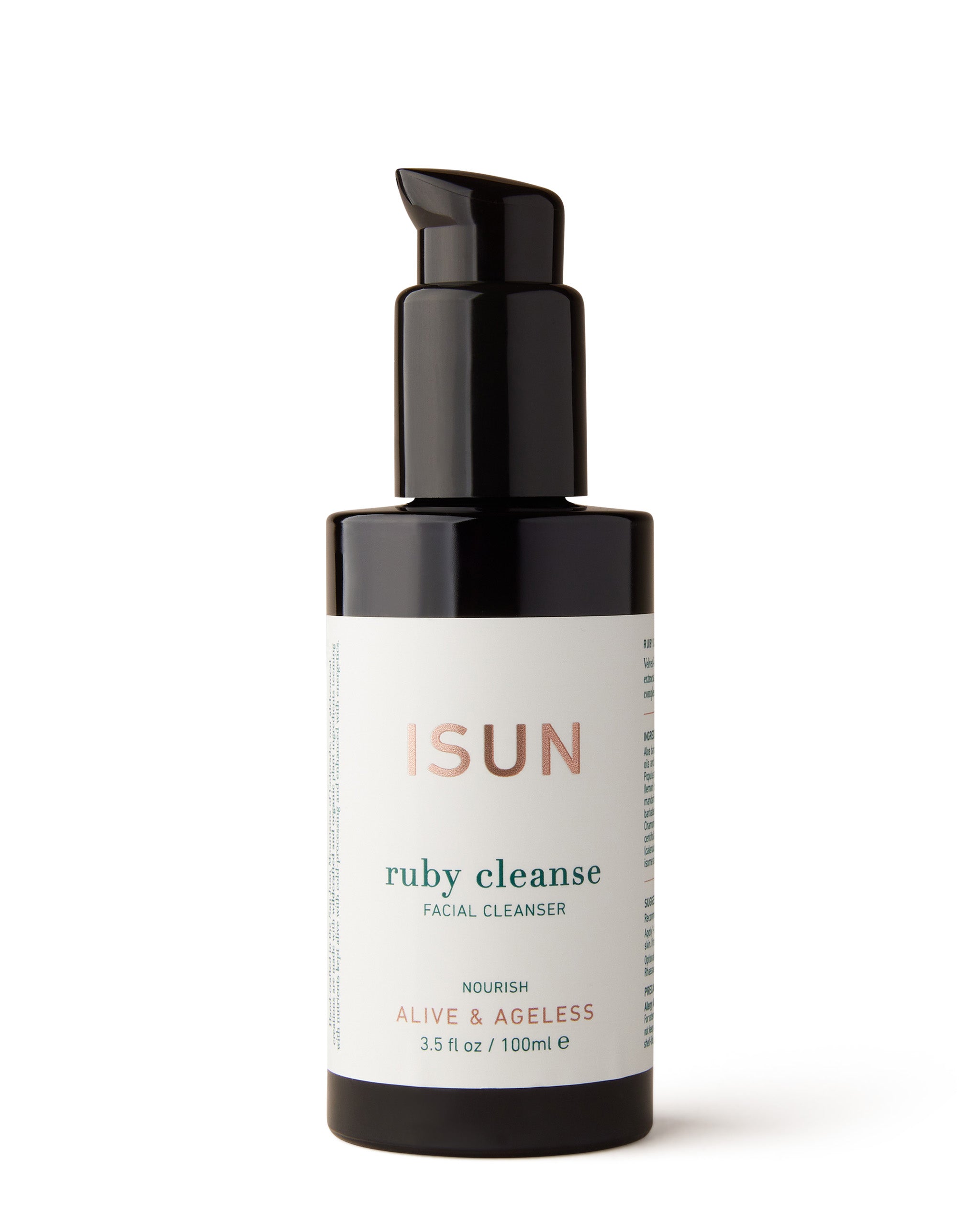A black pump bottle labeled 'Ruby Cleanse' facial cleanser by ISUN Skincare, indicating it's vegan & gluten-free.