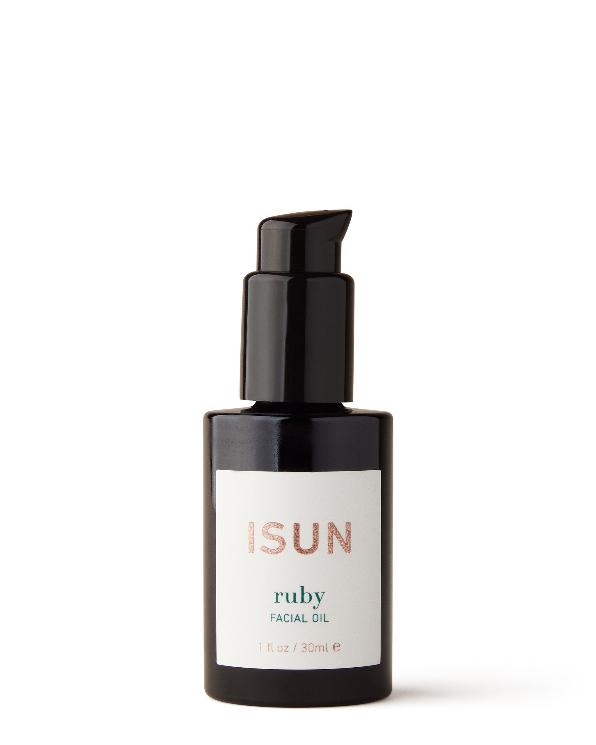 A black bottle with a pump dispenser labeled 'ISUN Ruby Facial Oil'