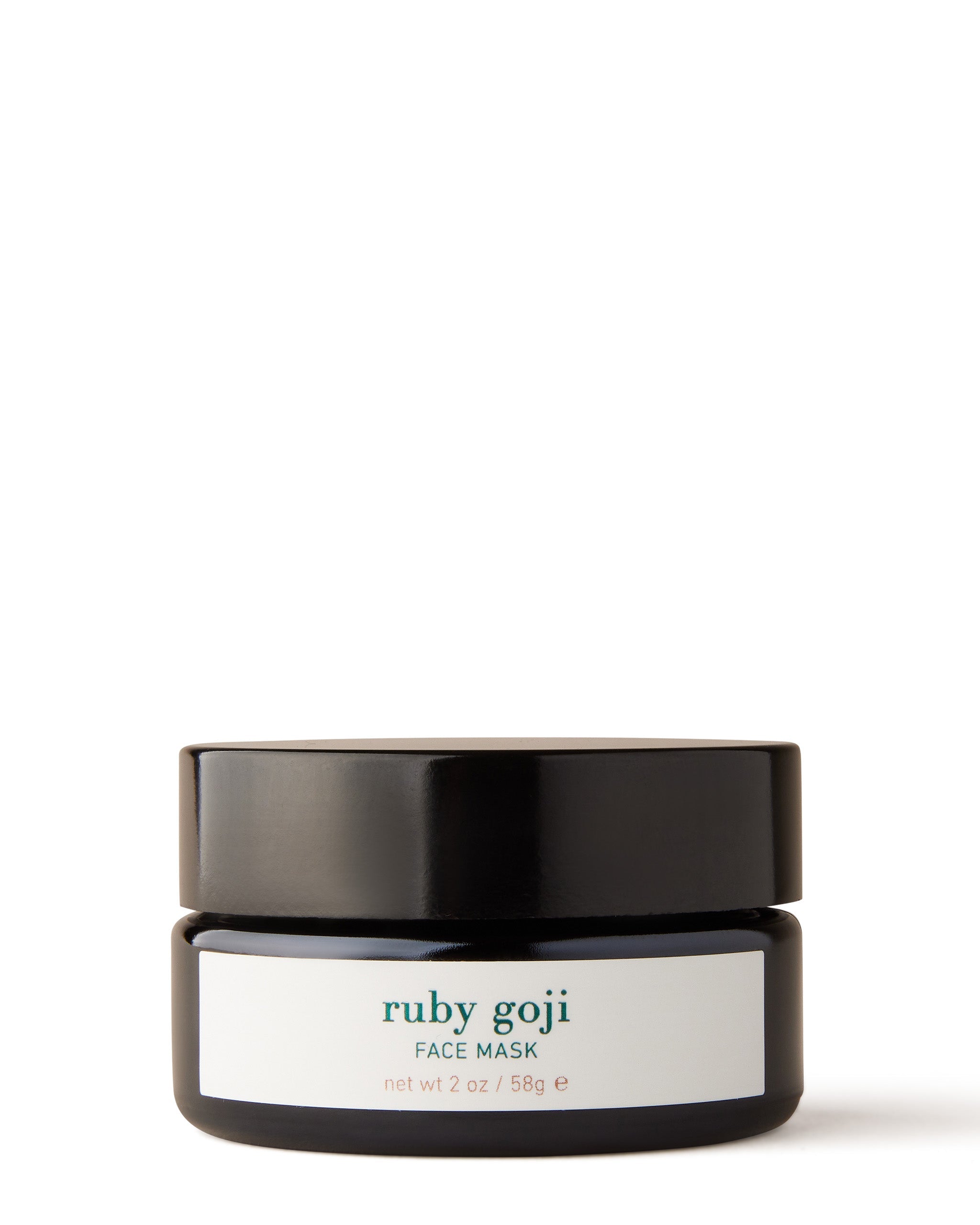 A Ruby Goji Face Mask product in a black jar with a white label that includes the product name and weight information.