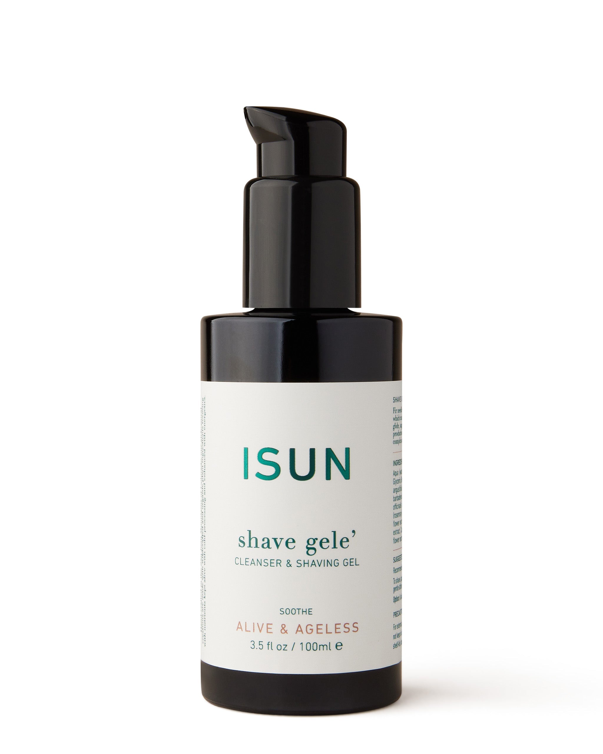 A pump bottle of ISUN Shave Gelé Cleanse & Shaving Gel with a black cap and white label.