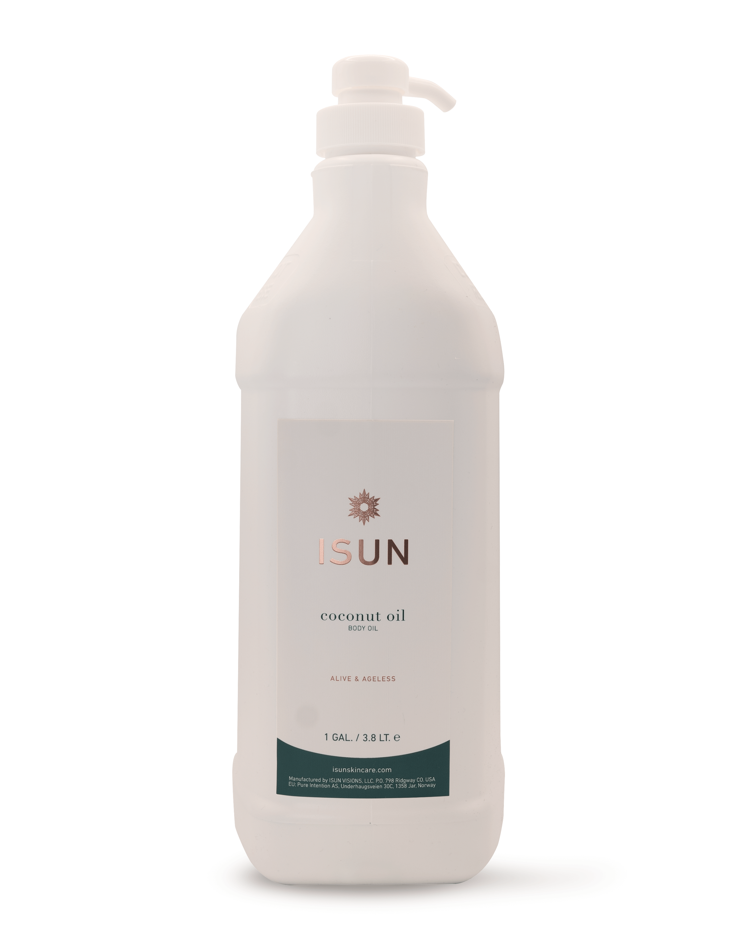 White bottle of ISUN coconut oil on a white background