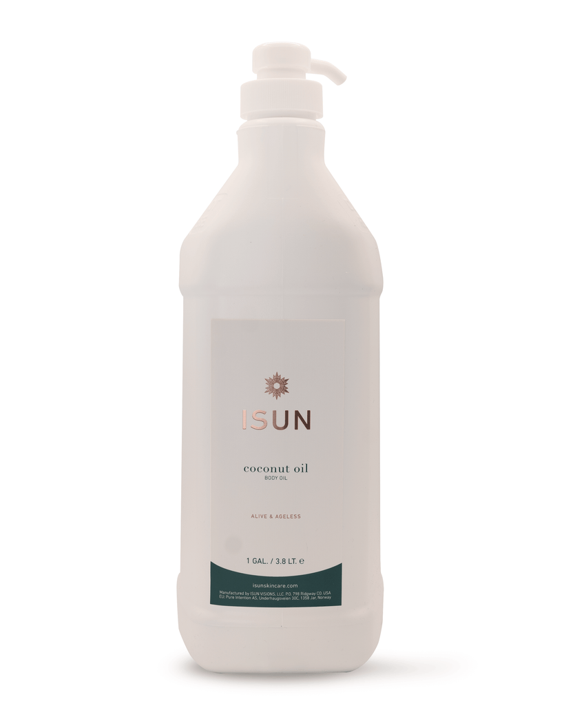 White bottle of ISUN coconut oil on a white background