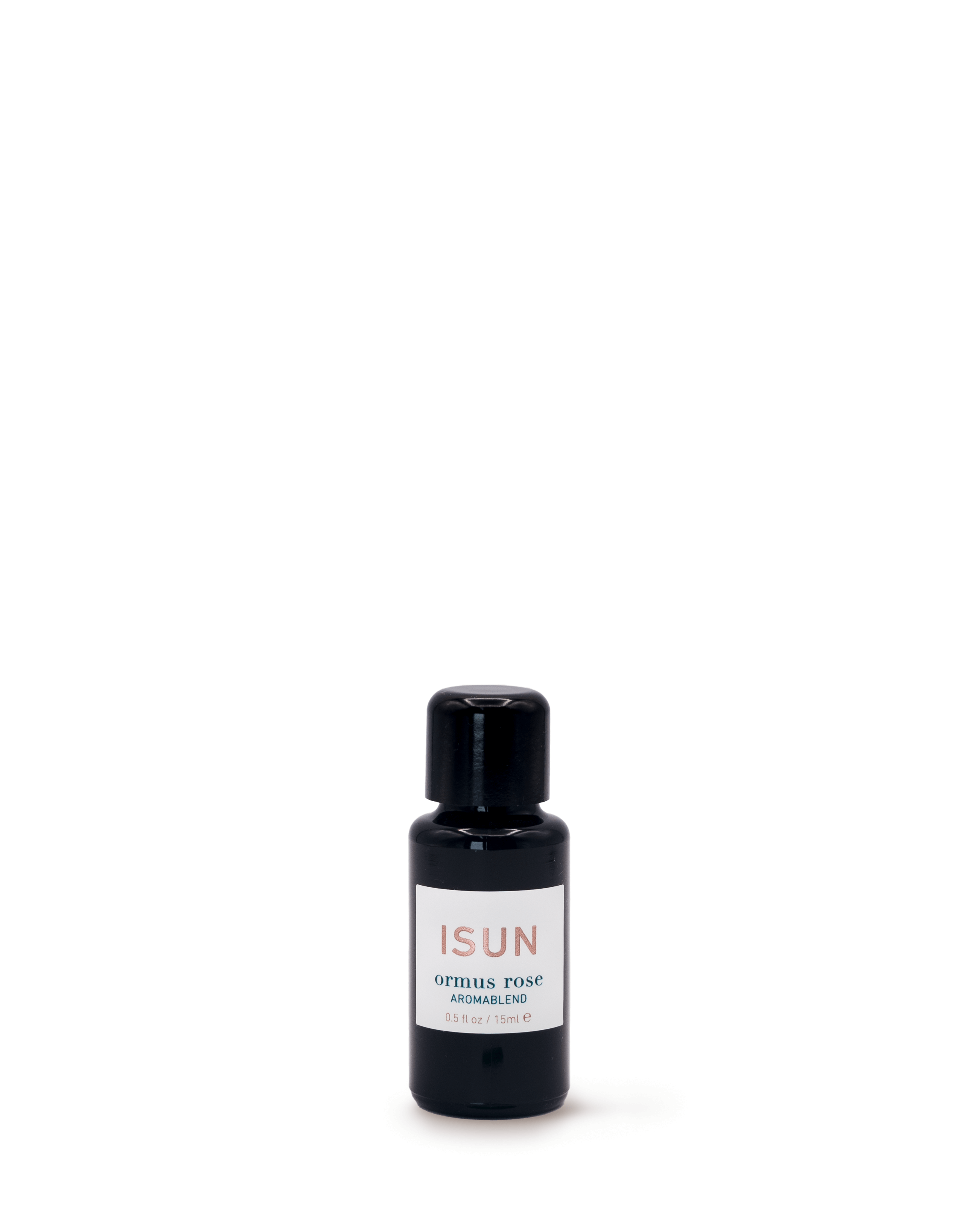 Small black bottle with a white label on a white background