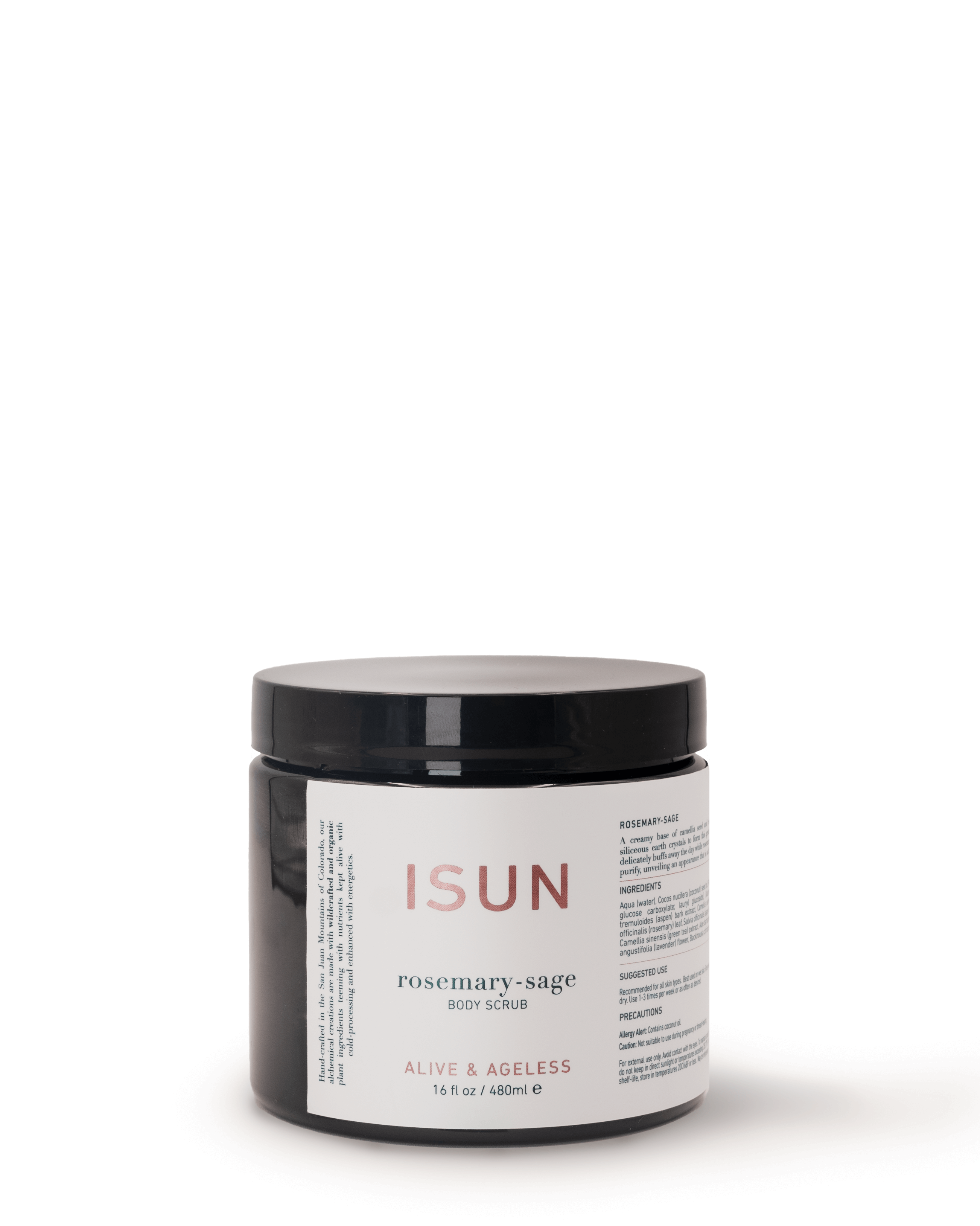 ISUN body scrub jar with black lid on a white background