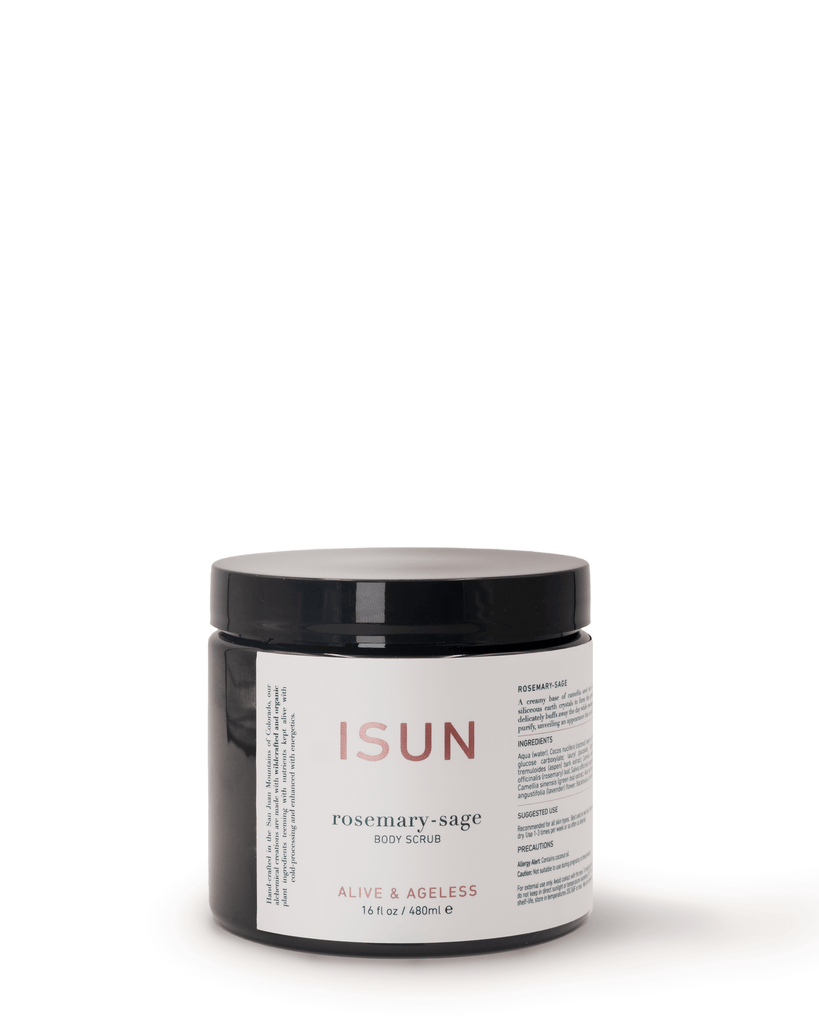 ISUN body scrub jar with black lid on a white background