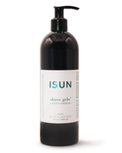 Black bottle of ISUN shave gele on a white background