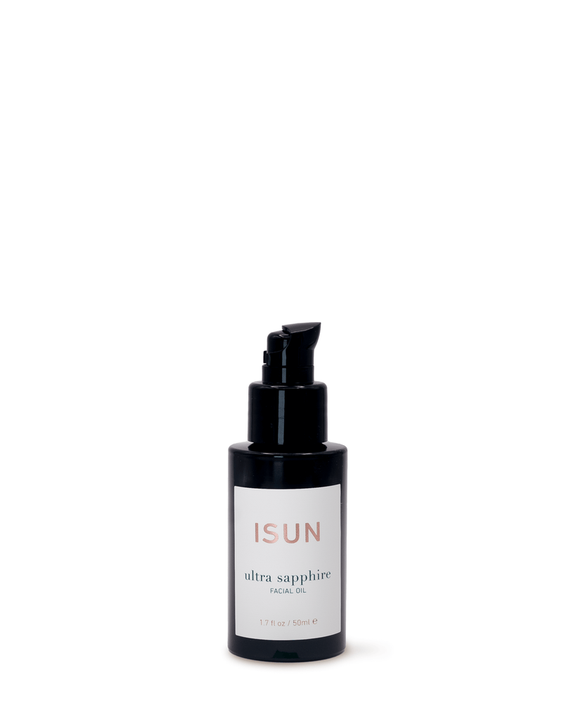 ISUN ultra sapphire facial oil bottle on a white background