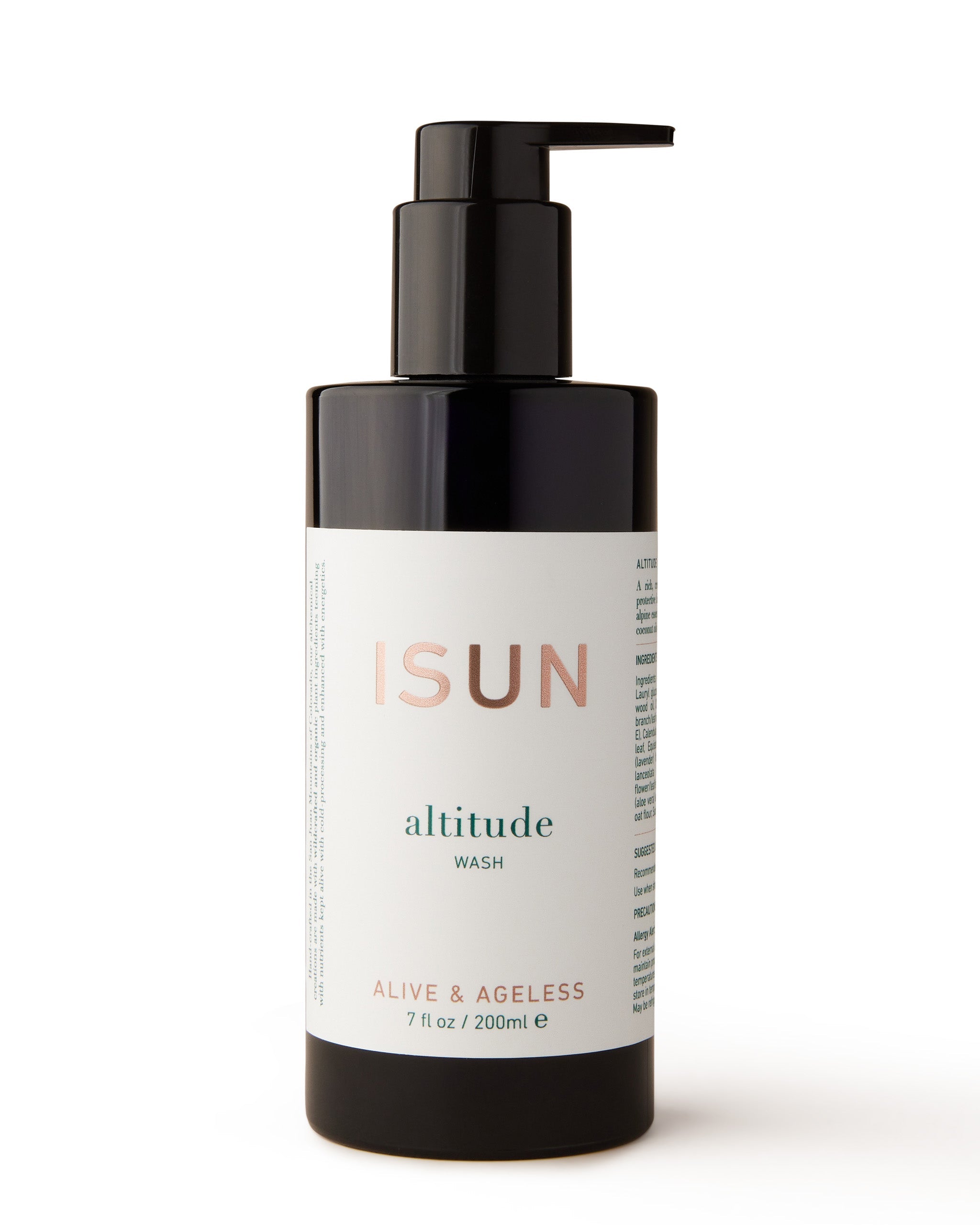 A black pump bottle with a white label displaying the brand name 'Isun' and the product name 'Altitude Body Wash'. 