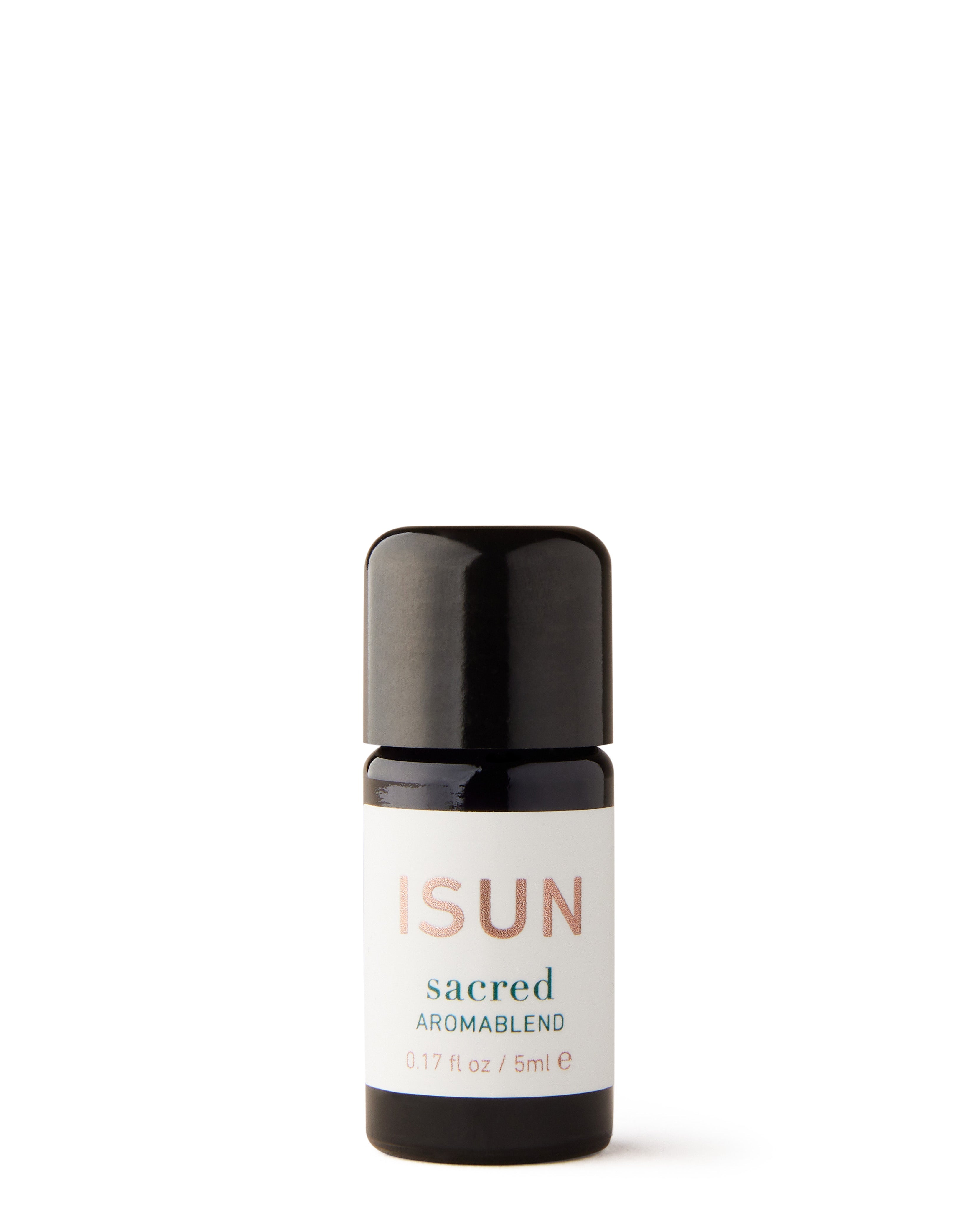 A black bottle with a white label that has the brand name 'ISUN' and the product name 'SACRED Aromablend'. The background is white and clean.