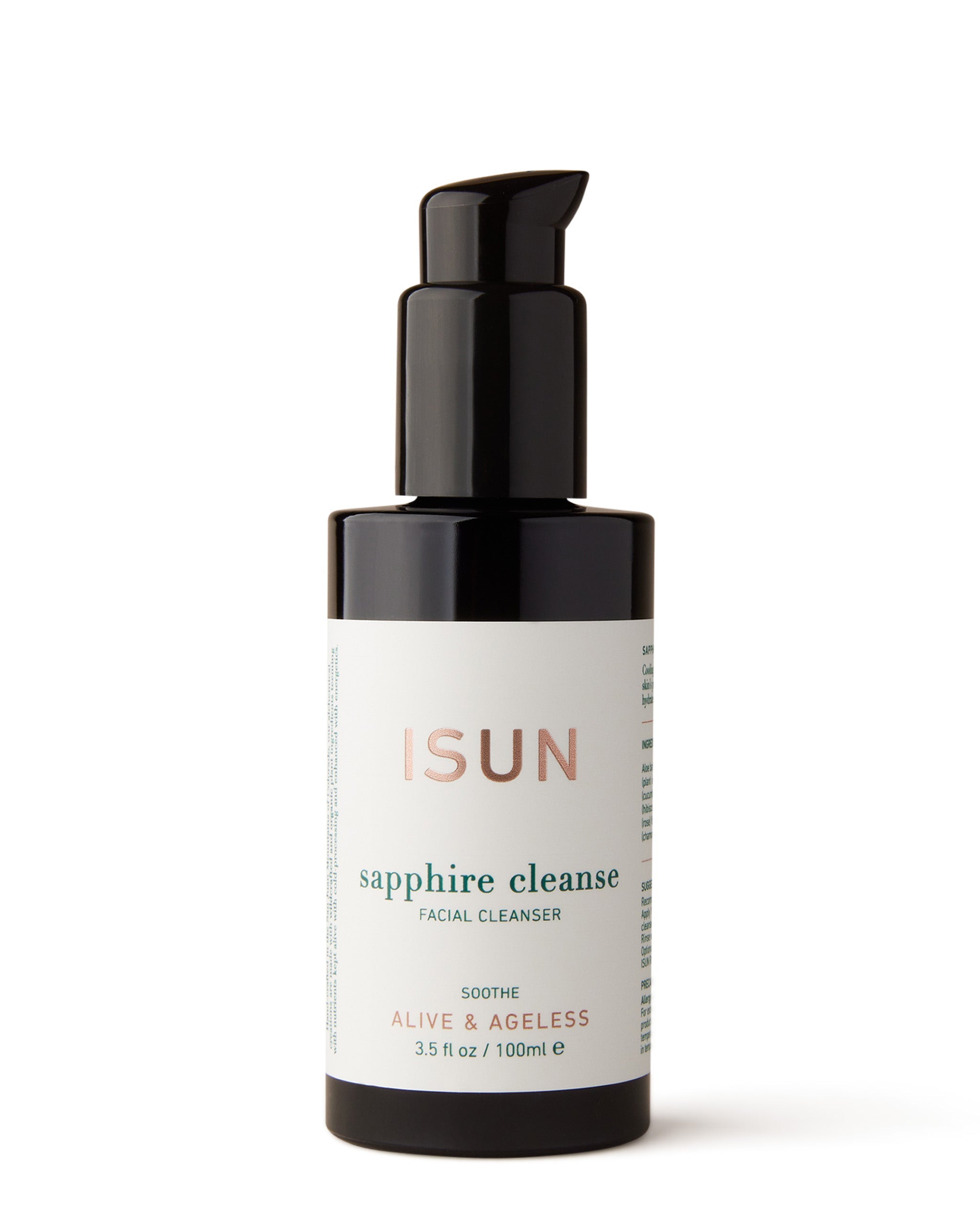 A pump bottle of 'Sapphire Cleanse' facial cleanser by ISUN Skincare, with a white and green label, 100 ml / 3.5 fl oz size.