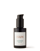 A pump bottle of Sunstone Facial Oil with a black label and white text.